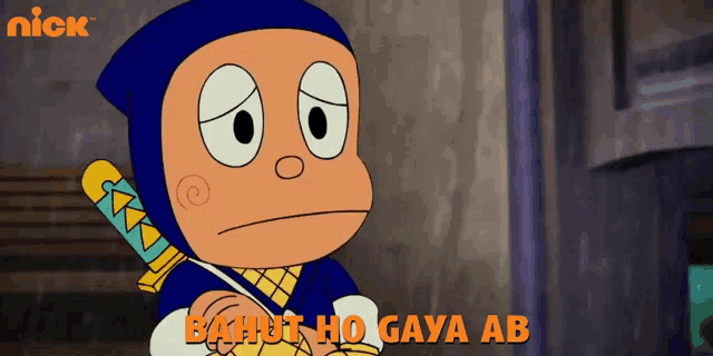 a cartoon character is holding a sword and says " bahut ho gaya ab " on the bottom