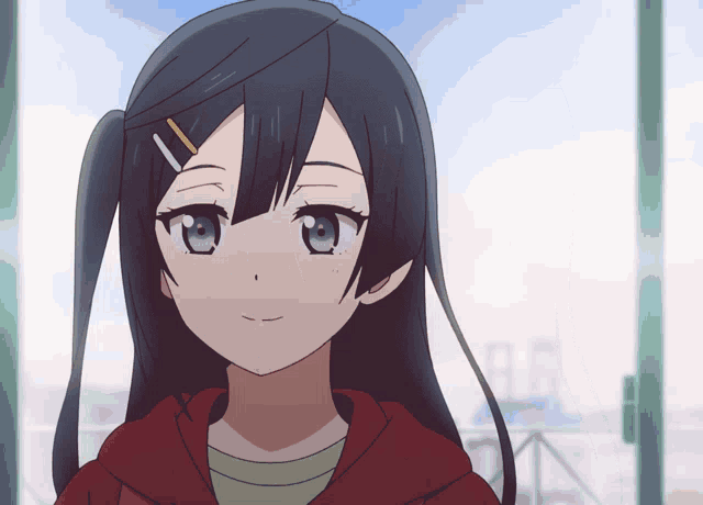 a girl with a ponytail and a red hoodie looks at the camera