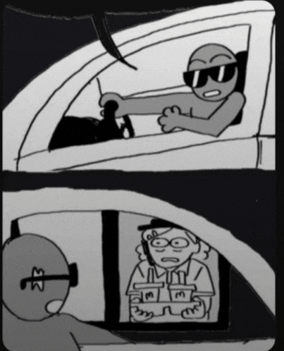 a black and white drawing of a man driving a car and a man sitting in a car