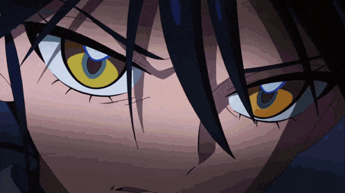a close up of a person 's face with yellow eyes and blue eyes
