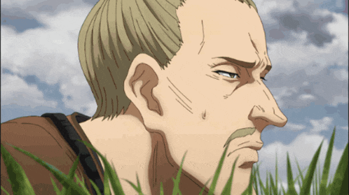a man with a mustache is standing in the grass looking at something