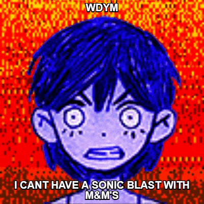 a cartoon of a boy with blue hair says wdym i cant have a sonic blast with m & m 's .