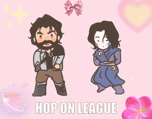 a cartoon drawing of a man and a woman with the words hop on league on the bottom