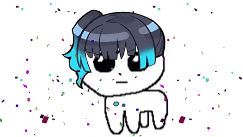 a drawing of a girl with a ponytail and blue hair is surrounded by confetti