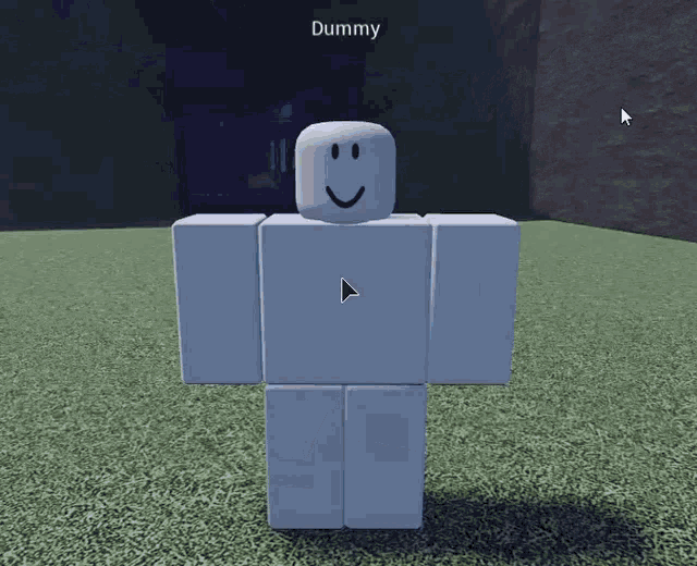 a white roblox character with a smiling face and the name dummy on it