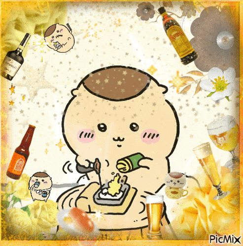 a picture of a cartoon character surrounded by bottles of alcohol including a bottle of smirnoff