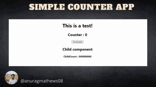 a screenshot of a simple counter app with a picture of anuragmathews08 at the bottom