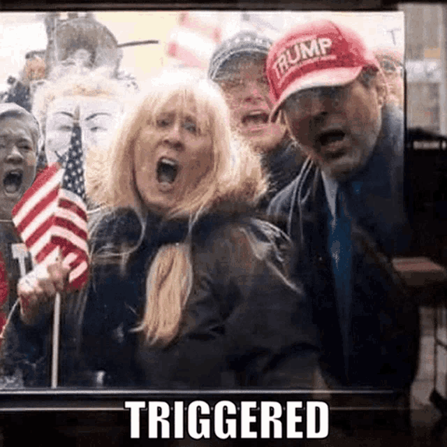 a man wearing a trump hat is standing in front of a crowd of people holding american flags .