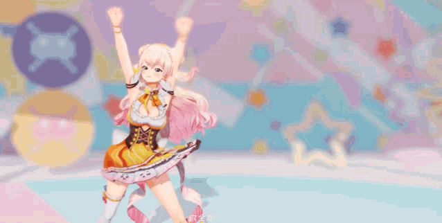 a girl with pink hair and a yellow dress is dancing on a stage