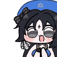 a cartoon of a girl wearing a blue hat and glasses .