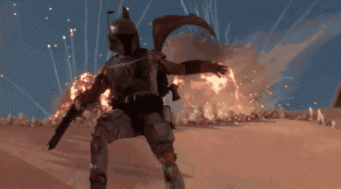 boba fett is standing in front of an explosion