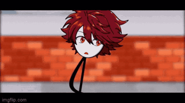 a stick figure with red hair and red eyes standing in front of a brick wall .