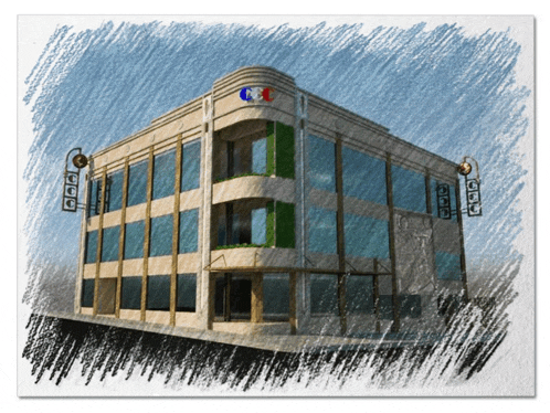 a drawing of a building with the letters kbc on the top