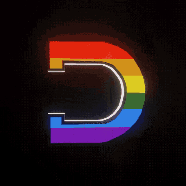 a rainbow colored letter d with a white outline on a black background