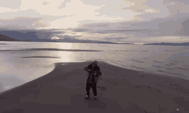 a person standing on a sandy beach with a lake in the background