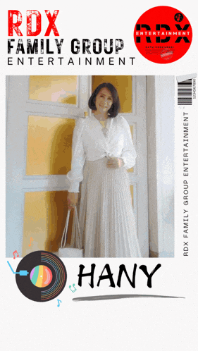 an ad for rdx family group entertainment shows a woman standing in front of a door