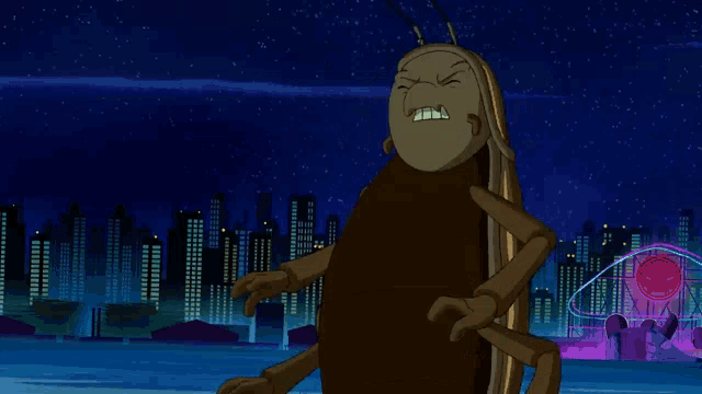 a cartoon cockroach with a city in the background