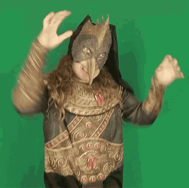 a man wearing a bird mask is making a face