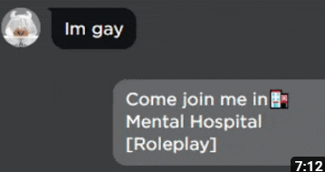 a screenshot of a text that says im gay come join me in mental hospital [ roleplay ]