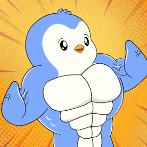 a cartoon of a penguin with muscles flexing his arms
