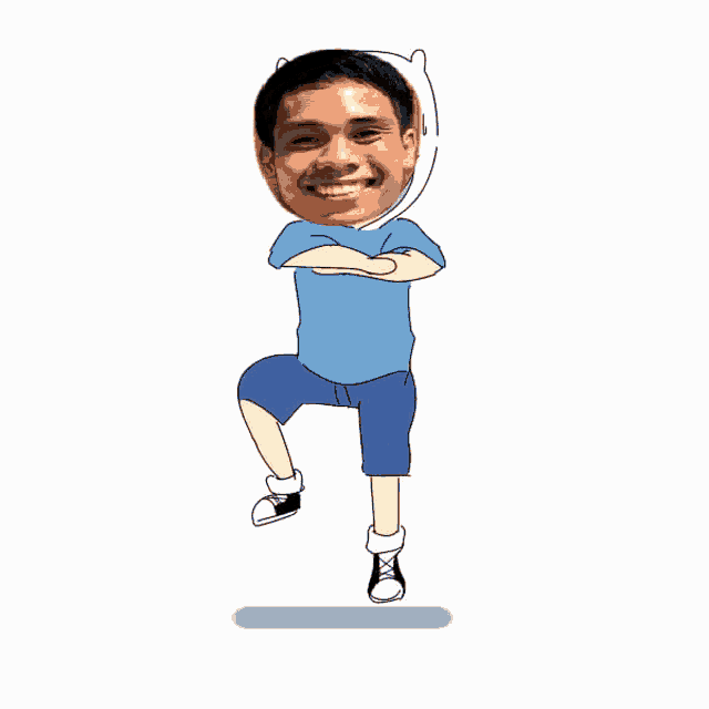 a man in a blue shirt and blue shorts is standing on one leg with his arms crossed
