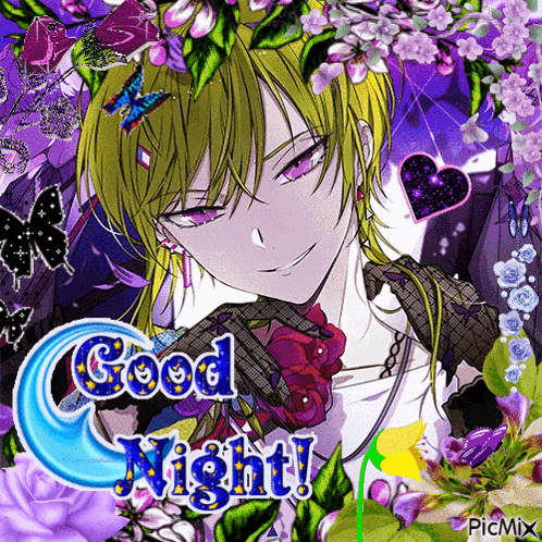 a picture of a girl with flowers and butterflies and the words " good night "