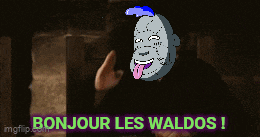 a cartoon character says bonjour les waldos in green