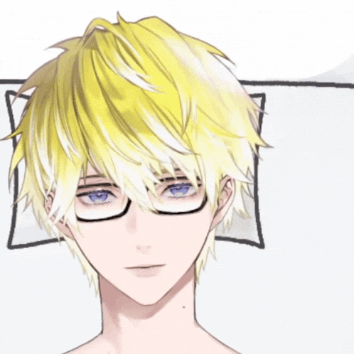 a boy with yellow hair and glasses is laying on a bed