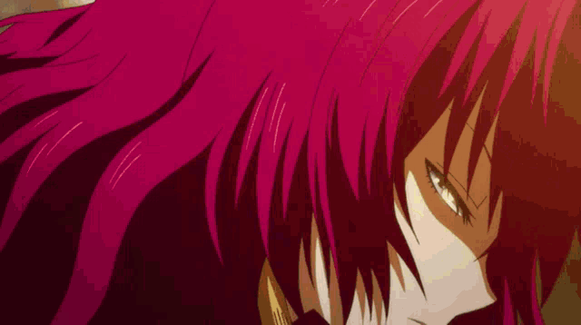 a close up of a anime character with red hair and blue eyes