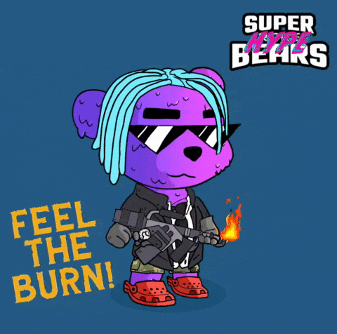 a purple teddy bear holding a gun with the words feel the burn written below him