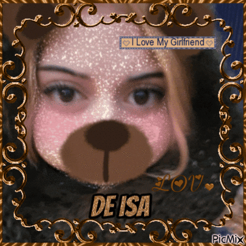 a picture of a girl with a teddy bear face mask and the name de isa