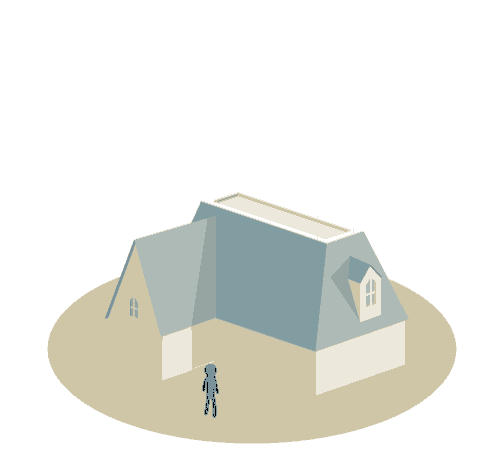 an isometric drawing of a man standing in front of a large building