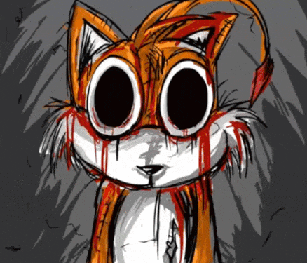 a drawing of tails from sonic the hedgehog with blood dripping from its eyes
