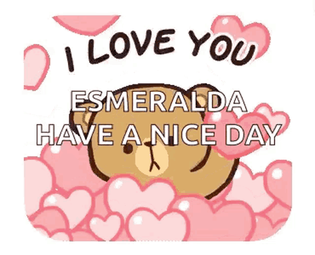 a cartoon bear is surrounded by pink hearts and says `` i love you esmeralda have a nice day ''