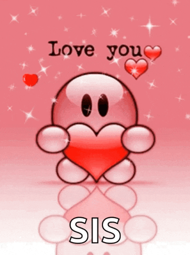 a cartoon smiley face holding a heart with the words love you sis