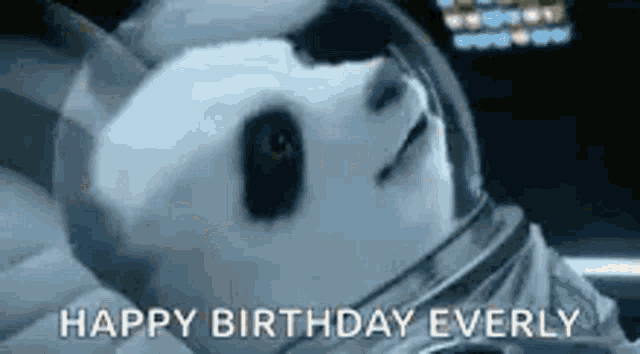 a panda bear is wearing a space suit and helmet and says `` happy birthday everly '' .