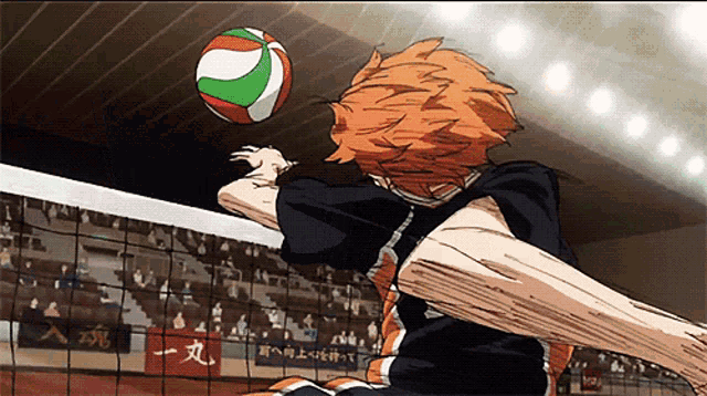 a volleyball player is jumping to hit a ball in a cartoon