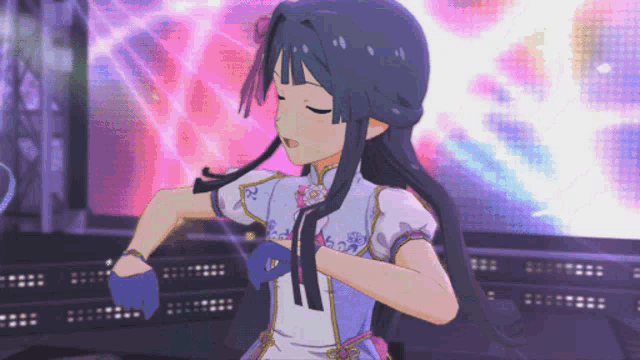 a girl with long black hair is wearing a blue glove