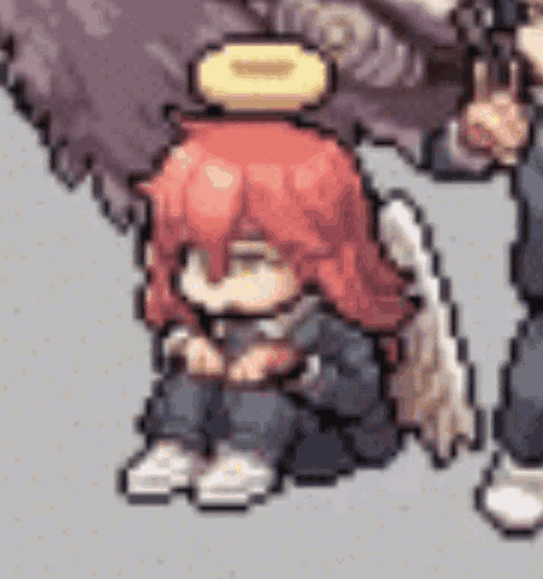 a pixel art of a girl with red hair and wings sitting down with a halo on her head .