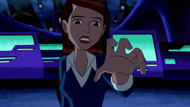 a woman in a cartoon is making a gesture with her hands
