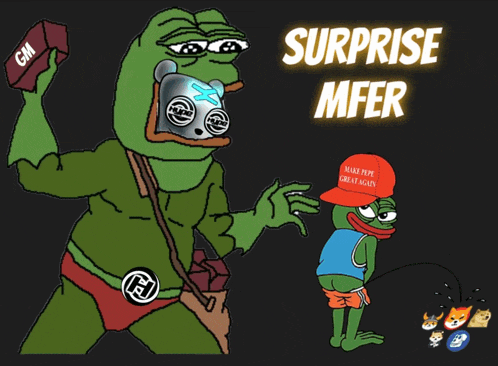 a cartoon of a frog holding a gm brick and another frog wearing a maga hat
