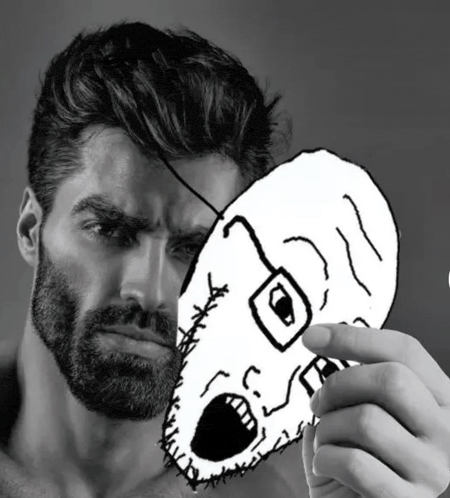 a man with a beard is holding up a drawing of himself