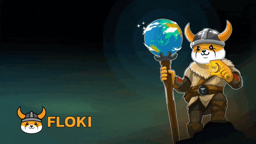 a cartoon of a dog with horns holding a globe and a gold coin and the word floki below him