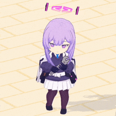 a girl with purple hair is holding a sword