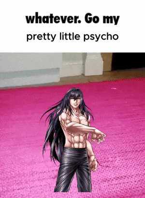 a man with long black hair is standing on a pink rug