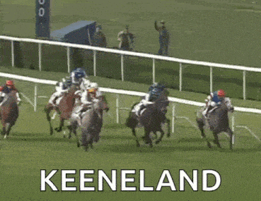 a group of horses are racing on a track and the word keeneland is on the bottom right