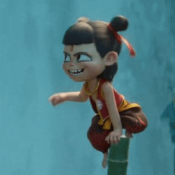 a cartoon character is sitting on a bamboo pole .