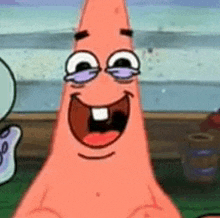 patrick star from spongebob squarepants is smiling with his eyes closed and his mouth wide open .