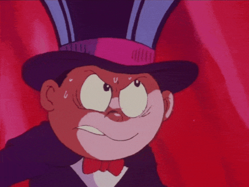 a cartoon character wearing a top hat and bow tie is pointing