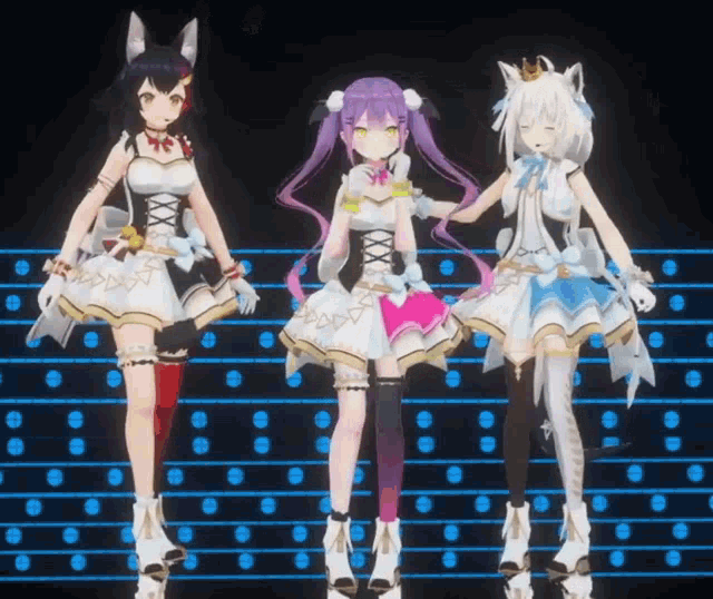 three anime girls are standing next to each other on a stage holding hands